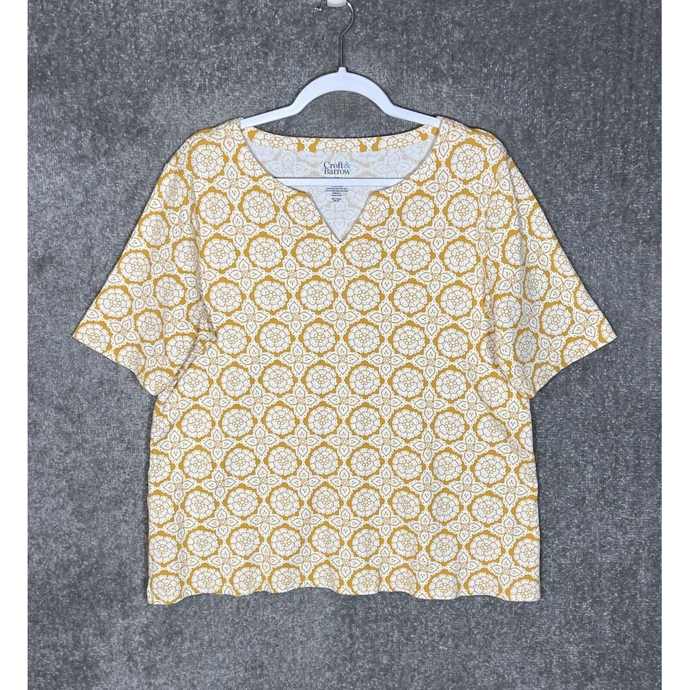 Croft & Barrow Top Womens‎ Size XL Yellow White Floral Cotton Short Sleeve Shirt